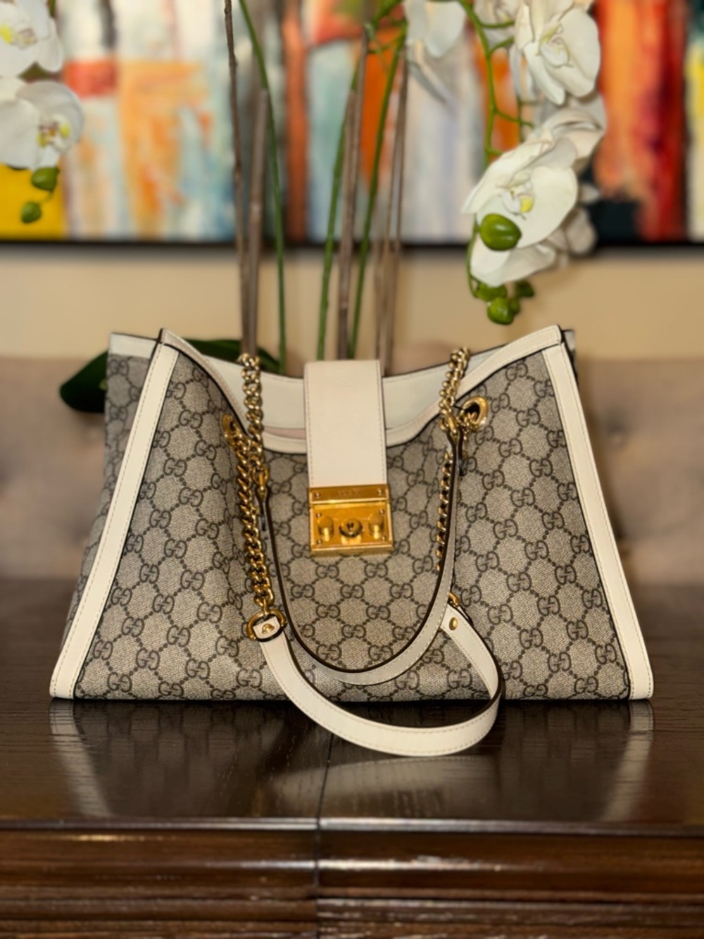 Medium Gucci GG Supreme Canvas Shoulder Bag with White Trim & Gold Hardware